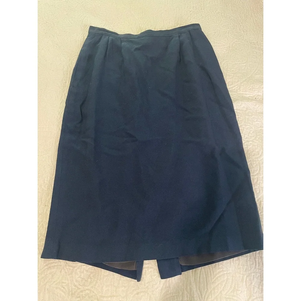 Vintage Navy Blue‎ Linen Blend Midi Skirt High Waisted Back Slit Size 10 Pockets